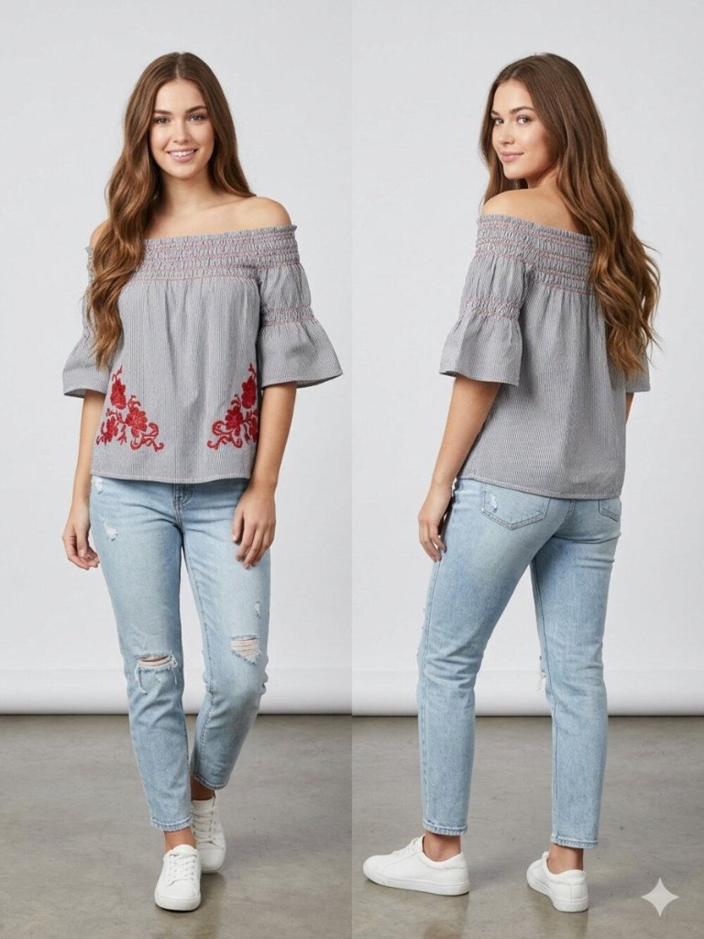 Sweet Wanderer Striped Off-the-Shoulder Embroidered Top Size Large Boho Coastal